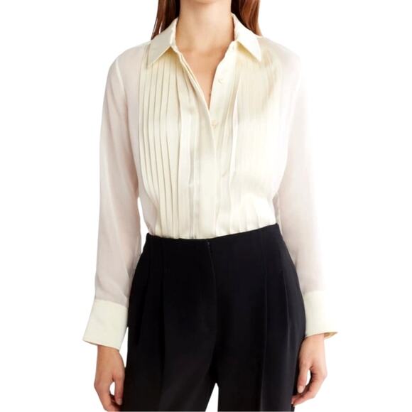 Lauren by Ralph Lauren Tops - Lauren by Ralph Lauren Women's Medium Cream Pleated Front Collar Button Up Top